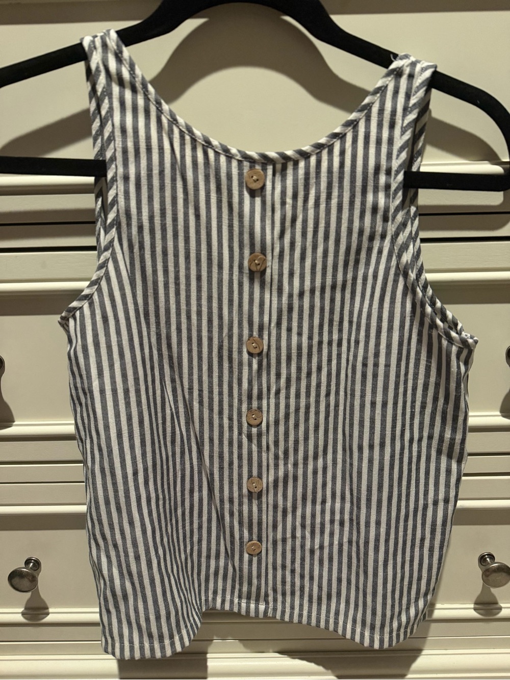 Sleeveless Blue and White Striped Button-Back Tank